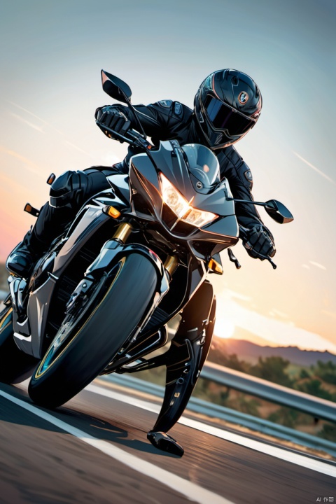 Dynamic motion capture, motorcyclist riding a custom bike, sleek modern design, male rider, full black attire, streamlined helmet, focused posture, speed captured through motion blur background, contrasting stillness of rider and bike, twilight ambiance, cool color tones predominating, hints of warmth from horizon, minimalistic aesthetic, sharp lines and angles of motorcycle frame, tire details indicating movement, sense of freedom and adventure conveyed through open setting and rider's engagement, (masterpiece, best quality, perfect composition, very aesthetic, absurdres, ultra-detailed, intricate details, Professional, official art, Representative work:1.3)