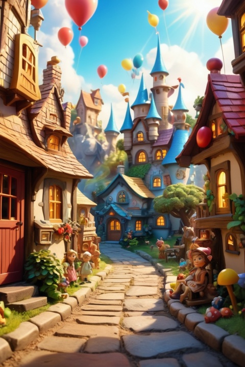 (toy theme Village:1.2), shiny, toyland, toys on street everywhere, sunshine bright light, Fairy Tale, toy fairy tale, dreamy, Dreamscape, whimsical, hyperrealistic, children's picture book, fantasy art, full background, enhance, intricate, (best quality, masterpiece, Representative work, official art, Professional, unity 8k wallpaper:1.3)