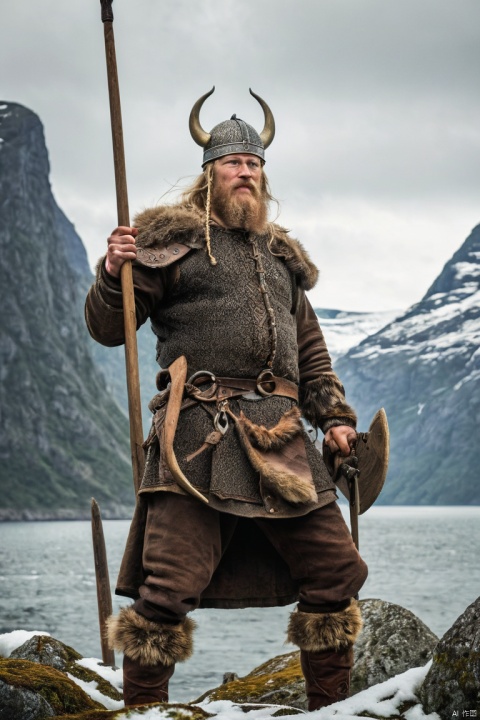 Viking Age, fierce, maritime, in the northern Scandinavian fjords, (masterpiece, best quality, perfect composition, very aesthetic, absurdres, ultra-detailed, intricate details, Professional, official art, Representative work:1.3)