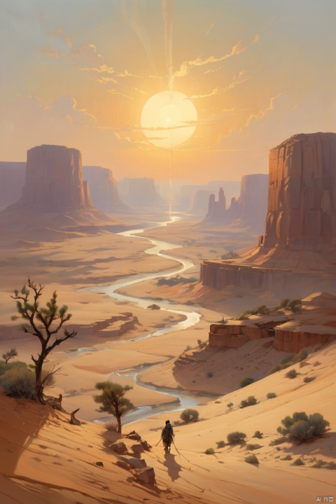 The solitary smoke in the desert rises straight, and the long river sets with the sun, (masterpiece, best quality, perfect composition, very aesthetic, absurdres, ultra-detailed, intricate details, Professional, official art, Representative work:1.3)