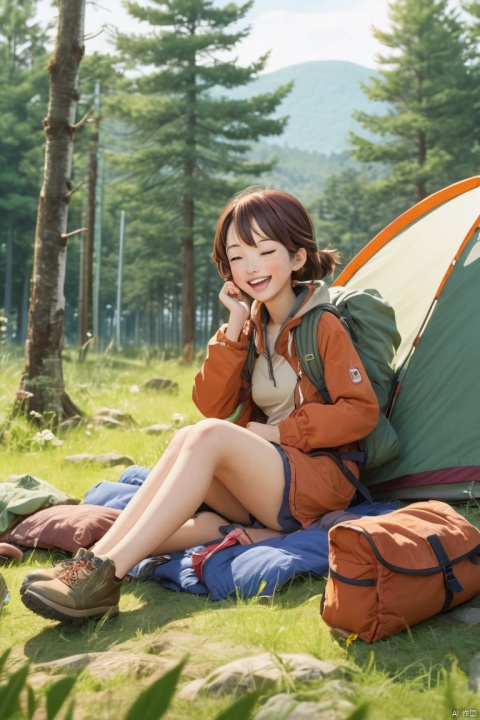 anime character, A lively camp scene, Earth-toned camping gear, Laughing, Sleeping bag, girls, Forest groves and grassland, (masterpiece, best quality, perfect composition, very aesthetic, absurdres, ultra-detailed, intricate details, Professional, official art, Representative work:1.3)
