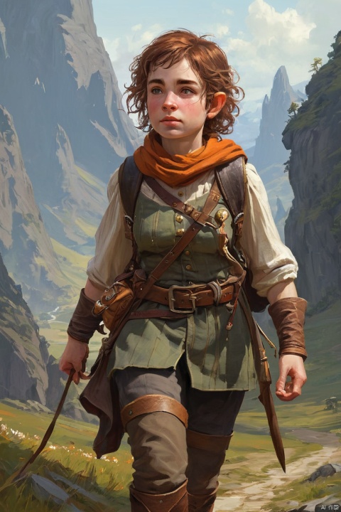 A courageous halfling female adventurer, mighty in heart, wielding a trusty sling and a boundless sense of curiosity as they journey across vast and perilous lands, (masterpiece, best quality, perfect composition, very aesthetic, absurdres, ultra-detailed, intricate details, Professional, official art, Representative work:1.3)