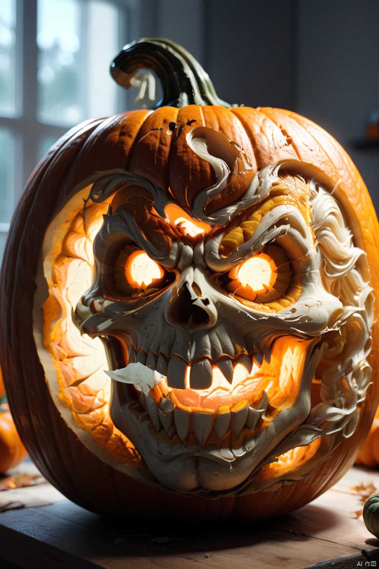 double exposure, Pumpkin Carving, hyperdetailed, natural lighting, magnificent, stunning, octane render, (best quality, masterpiece, Representative work, official art, Professional, 8k:1.3)