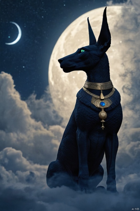 ultra-detailed,realistic,nighttime mystery of Anubis floating in the clouds,moonlit clouds swirling, ethereal, dark and enigmatic, intricate hieroglyphs ,deep blue tones with hints of silver and gold,moonlight casting an ethereal glow on the surroundings,eerie yet mesmerizing,subtle glow emanating from Anubis' eyes, mystical and alluring,stars twinkling in the deep night sky,dreamlike ambiance,subtle mist enveloping the floating scene, adding an element of mystery, capturing a sense of otherworldliness,intricate attention to detail,bringing out the true essence of Anubis,exuding a strong sense of power and divinity, invoking a feeling of reverence and awe, (masterpiece, best quality, perfect composition, very aesthetic, absurdres, ultra-detailed, intricate details, Professional, official art, Representative work:1.3)
