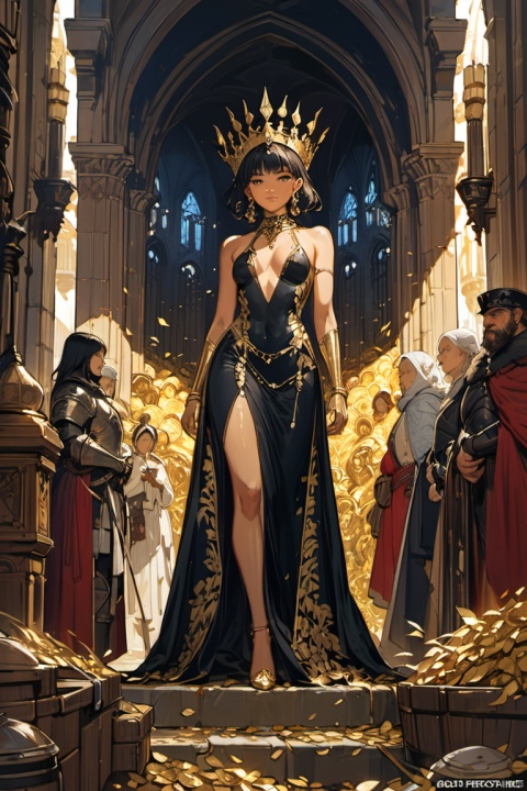 gold leaf art, medieval queen, red vale, zendaya face, golden crown, diamonds, thin pieces of gold leaf glued on places of gold decorations, medieval architecture, professional majestic, by Ed Blinkey, Atey Ghailan, Studio Ghibli, by Jeremy Mann, Greg Manchess, Antonio Moro, trending on ArtStation, trending on CGSociety, (masterpiece, best quality, perfect composition, very aesthetic, absurdres, ultra-detailed, intricate details, Professional, official art, Representative work:1.3)