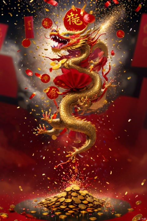 Chinese New Year, oriental dragon. Gold coin rain, Many gold coins burst out, Red and gold confetti, firecrackers, strong festive atmosphere, panoramic view, Ultra high saturation, (best quality, masterpiece, Representative work, official art, Professional, 8k)