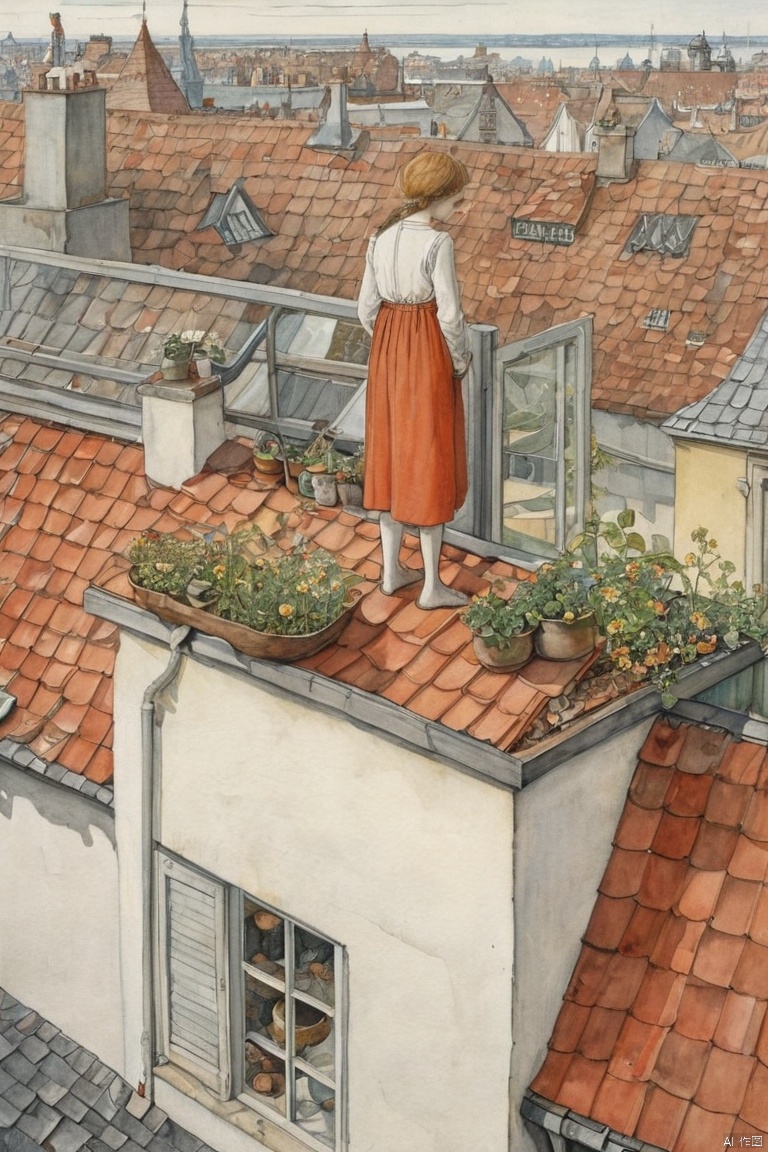  Person Standing on the Rooftop, by Elsa Beskow, (masterpiece, best quality, perfect composition, very aesthetic, absurdres, ultra-detailed, intricate details, Professional, official art, Representative work:1.3)