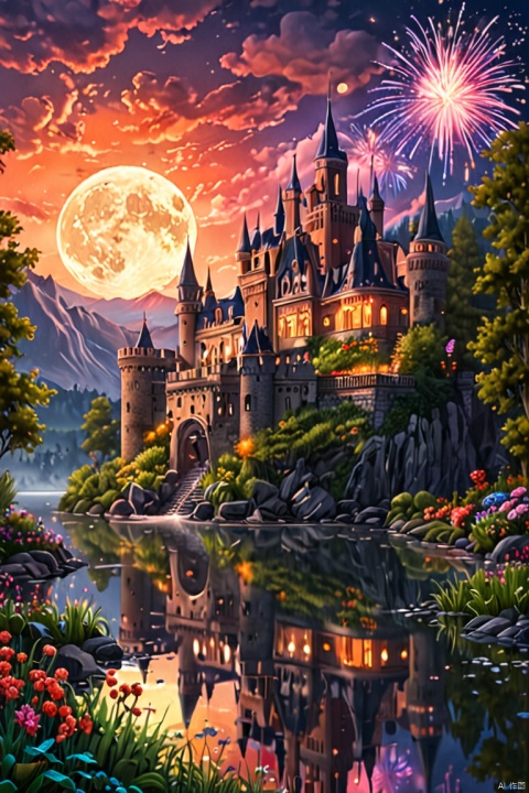 (Neon),Circuit Board,(moon:1.5),(Bubbles),(fireworks:1.5),Dreams,(Psychedelic),(Neon light),(A peaceful and magical dream castle),In this vibrant,Charming surroundings,center,A dreamy and majestic castle,Central Lake,Surrounded by a variety of aquatic plants,Many different types and colors of flowers adorn the beautiful landscape,Multiple waterfalls burst from nearby cliffs,Their waters sparkle in the dawn light,When they poured into the lake,The sun is just beginning to peek over the horizon,The first rays of sunlight of the day cast beautiful, warm tones over the castle and surrounding nature, (masterpiece, best quality, perfect composition, very aesthetic, absurdres, ultra-detailed, intricate details, Professional, official art, Representative work:1.3)