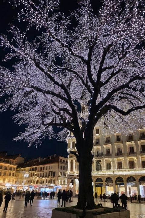 LEDs are installed throughout the tree, neon and white led, A big tree in the town square, (illumination:1.3), (tourist attractions), (best quality, masterpiece, perfect composition, very aesthetic, absurdres, ultra-detailed, intricate details, Professional, Representative work, official art:1.3)
