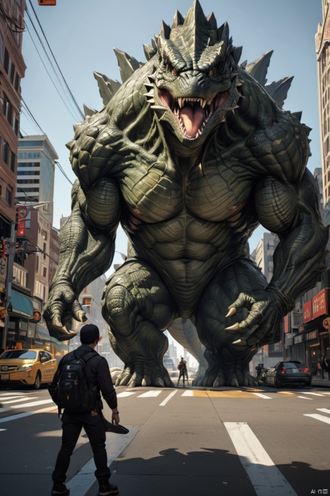 8k iphone photo of strong angry godzilla getting ready to attack tall shadow alien creature in downtown san francisco, photorealistic visual effects, digital composition masterclass, (masterpiece, best quality, perfect composition, very aesthetic, absurdres, ultra-detailed, intricate details, Professional, official art, Representative work:1.3)