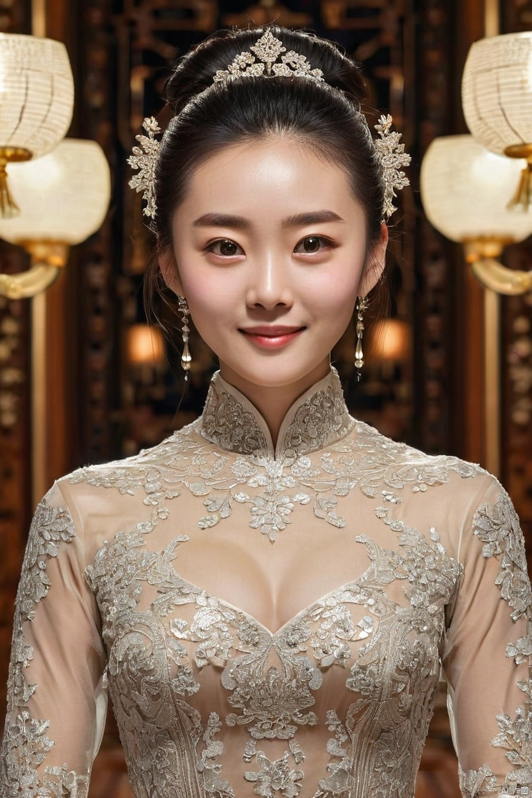 Symmetry, woman,tight night dress,masterpiece,high D-neck, model face,balanced,happy,free hair,symmetrical background, (best quality, perfect masterpiece, byyue, Representative work, official art, Professional, high details, Ultra intricate detailed:1.3)