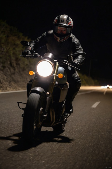 A spy racing away on a motorcycle at night, leaving a trail of light from the tail lights. Shot with a Sony A7S II for low light capabilities, using rear-curtain flash sync to accentuate the sense of motion, (best quality, masterpiece, Representative work, official art, Professional, Ultra intricate detailed, 8k:1.3)
