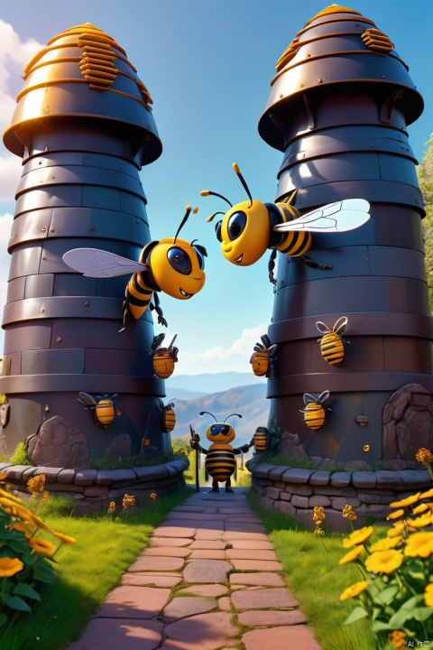 Pixar style, Two Metal Armor bee guards guarding the entrance 
 of beehive castle, panoramic, Ultra high saturation, bright and vivid colors, intricate, (best quality, masterpiece, Representative work, official art, Professional, 8k)