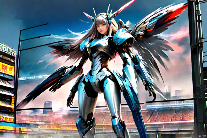  a girl painted on screen, Baseball Stadium, mecha girl, (silver long hair), mechanical wings, full-body pose, billboard, tv screen, panoramic, Ultra high saturation, bright and vivid colors, intricate, (best quality, masterpiece, Representative work, official art, Professional, 8k)