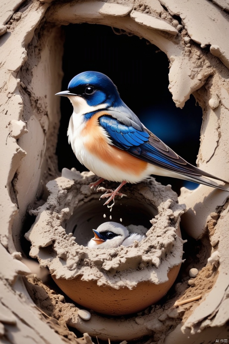 Gouache style, Beautiful detailed ,Little swallows fly and build nests,The little swallow is busy picking up mud,The little mouth keeps opening and closing,The mud chunks picked up each time are not big,Carefully place the mud blocks under the eaves,in the sun,The feathers of the little swallow shine with blue-black luster,Each piece is like a carefully polished gem,Exudes a charming light, Nests are often found in human dwellings.,in the gaps between bridges and other buildings,Sometimes they also build nests in tree holes。The nest is mainly made of a mixture of mud and saliva,cup or disk,There are multiple chambers inside,Used for hatching eggs。The nest has a rough appearance,Color is gray or brown smoother inside,The color is slightly lighter,White painted mud house, panoramic, Ultra high saturation, bright and vivid colors, intricate, (best quality, masterpiece, Representative work, official art, Professional, 8k)