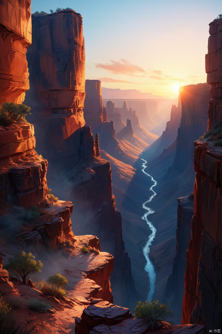 Majestic canyon vistas captured during sunrise or sunset detailed matte painting, deep color, fantastical, intricate detail, splash screen, complementary colors, fantasy concept art, enhance, intricate, (best quality, masterpiece, Representative work, official art, Professional, unity 8k wallpaper:1.3)
