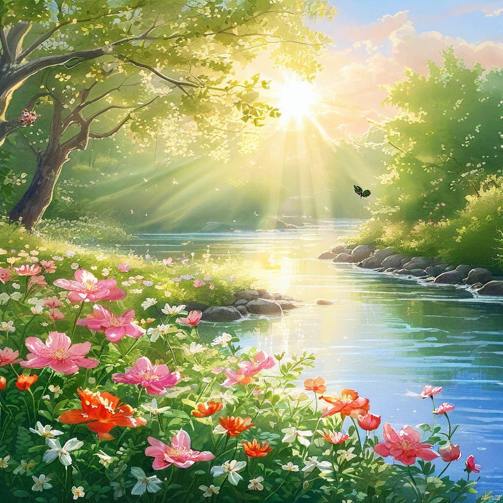 A serene riverside scene on a spring morning, with a lush tapestry of blooming flowers stretching as far as the eye can see. Soft sunlight casts a warm glow, highlighting delicate petals and tender greenery. A gentle breeze rustles leaves and stirs the blossoms, creating a mesmerizing dance of color and texture. The air is alive with the sweet scent of blooming flora, enveloping all in a vibrant celebration of spring's rebirth