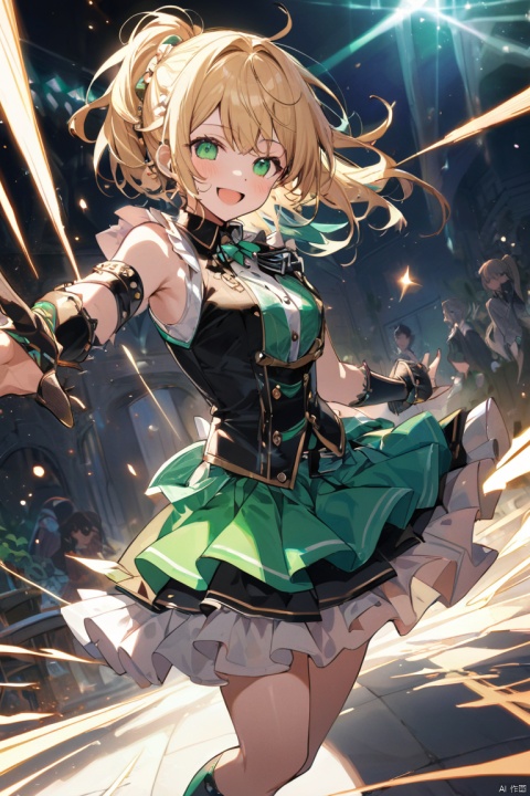 beautiful idol girl, smiling face, blonde short ponytail, green eyes, wearing punk fashion style idol uniform, background iridescent fantastic and mysterious, fantasy world images, motion-blur, action-lines, speed-lines, spotlighting like sunshine (masterpiece, best quality, perfect composition, very aesthetic, absurdres, ultra-detailed, intricate details, Professional, official art, Representative work:1.3), Dream Homes