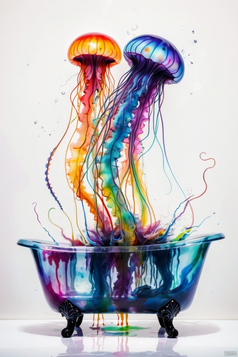 ink painting,Mr. Jellyfish in the glass bathtub,Angry jellyfish sprays colorful ink,Energetic movement,Dynamic and powerful abstract art,rich colors,propylene,Vivid rainbow hues,Happy and lively atmosphere,Whimsical and dreamy,Spontaneous splashing,bold color contrast, panoramic, Ultra high saturation, (best quality, masterpiece, Representative work, official art, Professional, 8k)