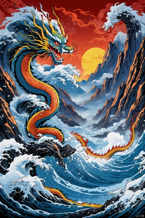 Sky dragon, chinese dragon, Mountains, waves, meteors Blockprint, Mysterious, panoramic view, Ultra high saturation, (best quality, masterpiece, Representative work, official art, Professional, 8k)