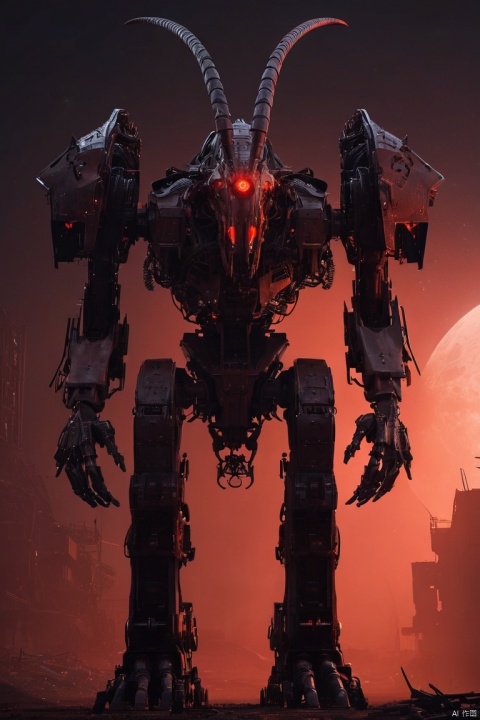 An awe-inspiring 3D render of a colossal, otherworldly Capricorn Mech, a blend of apocalyptic sci-fi horror and elaborate engineering. The Capricorn Mech, with its infernal technology, looms large in the dark, post-apocalyptic environment. Its intricate design incorporates elements of the Capricorn zodiac sign, with sharp spikes and metallic horns. The mech's dark, sinister silhouette casts a chilling shadow, while an eerie red glow emanates from its core. This cinematic illustration captures the essence of a dystopian future, where the line between technology and horror is blurred., cinematic, 3d render, illustration, (masterpiece, best quality, perfect composition, very aesthetic, absurdres, ultra-detailed, intricate details, Professional, official art, Representative work:1.3)