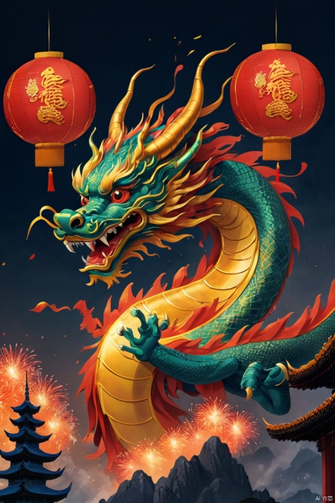Holiday poster, chinese dragon, 2024 new year poster, New Year Eve 2024, fireworks, (best quality, masterpiece, Representative work, official art, Professional, 8k:1.3)