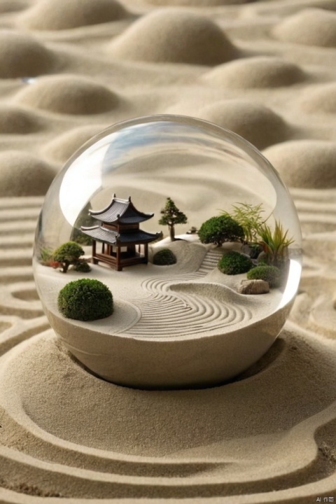 A close up view of a glass sphere that has a zen garden within it. There is a small dwarf in the sphere who is raking the zen garden and creating patterns in the sand, (best quality, masterpiece, Representative work, official art, Professional, Ultra intricate detailed, 8k:1.3)