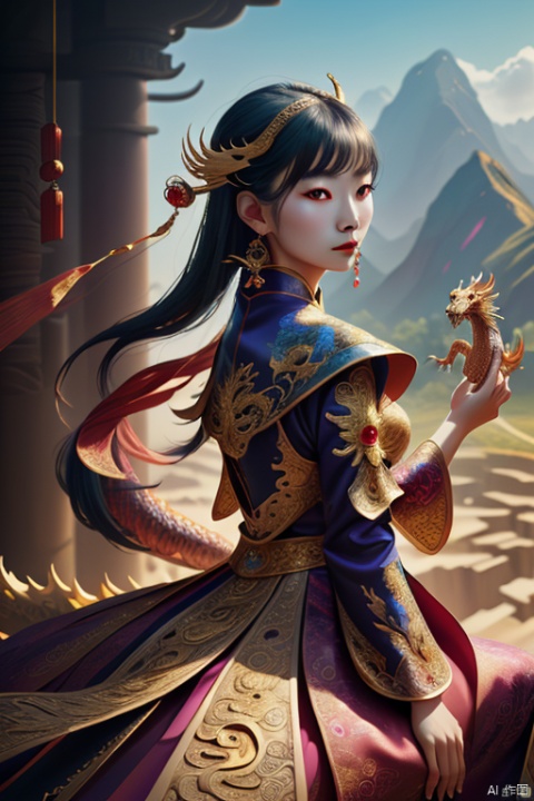 a chinese girl, a dragon by her side, royal dress, gorgeous, jewelry, earrings, hair ornament, wide sleeves, fantasy art, panoramic view, Ultra high saturation, (best quality, masterpiece, Representative work, official art, Professional, 8k:1.3), Leica 50mm f/1.9