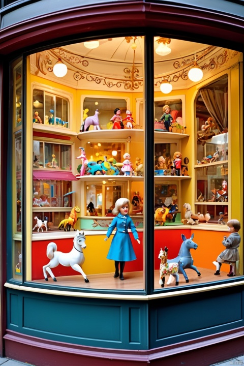 toy store window,bright colors,classic wooden toys,Retro dollhouse,exquisite porcelain doll,Mechanical wind-up toys,whimsical animals,Colorful carousel,collectible action figures,Interactive toy display,Fascinating miniature scenes,soft natural light,Carefully arranged toys,childlike wonder,curious passerby,reflection on windowpane,A glimpse of the bustling streets outside, (best quality, masterpiece, Representative work, official art, Professional, unity 8k wallpaper:1.3)