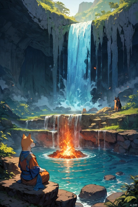 fantasy art, photorealistic, D&D art, a picture of a anthropomorphic Shiba Inu monk sitting and meditating near a waterfall, at the base of the waterfall, there is a anthropomorphic (Shiba Inu monk) wearing monk garbs, meditating near a bonfire near an (epic sized waterfall), light brown fur, water coming down from a volcanic cliff, multi level water falls, several pools created in different levels, forming new waterfalls, water cascading into a (large lava pool) steam rising, clear water in many hues of blue and azure falling, (masterpiece, best quality, perfect composition, very aesthetic, absurdres, ultra-detailed, intricate details, Professional, official art, Representative work:1.3)