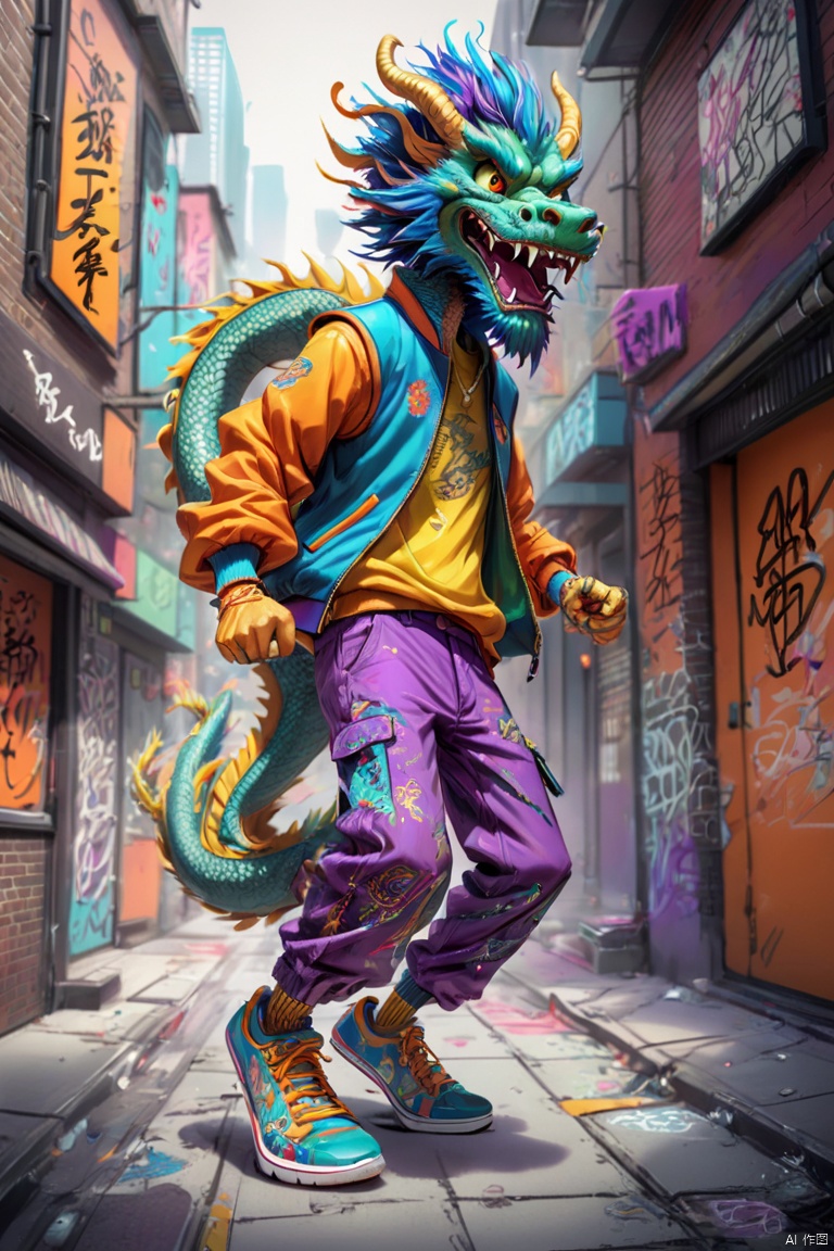 Pixar style, 3d rendering, hairy, (Humanized Chinese dragon wearing fashionable clothing, Pants, and shoes strutting), dynamic action, Graffiti pattern, hip hop style, colorful, Overclocked rendering, range mark drawing, Ballpoint pen outline, Super fun, interesting, (best quality, masterpiece, Representative work, official art, Professional, Ultra high detail, 8k)