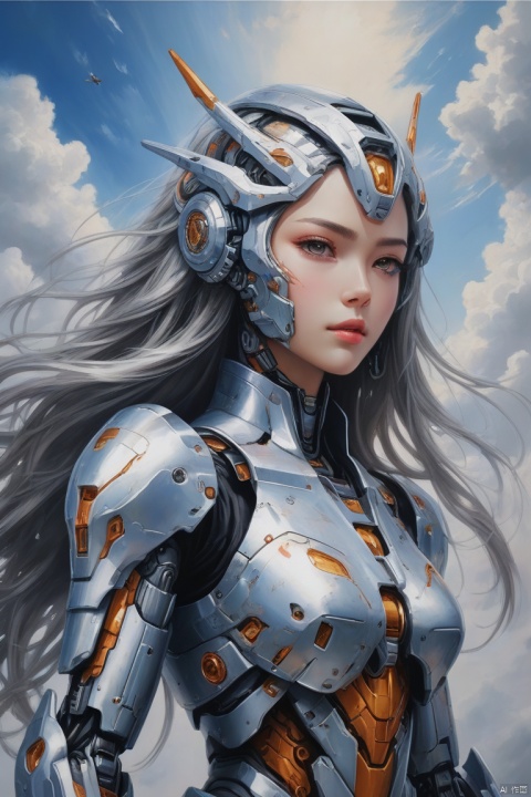 wall painting of mecha girl on the sky painted on lobby wall, (silver long hair), intricate, (best quality, masterpiece, Representative work, official art, Professional, 8k)