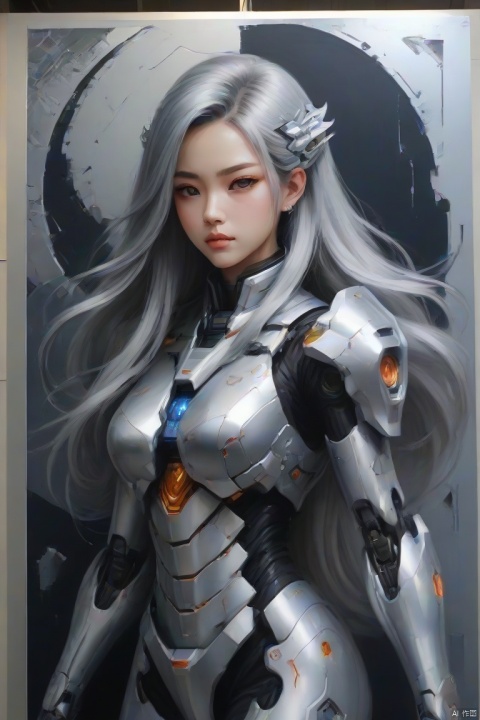 Wall painting, mecha girl painted on the wall, lobby wall, (silver long hair), intricate, (best quality, masterpiece, Representative work, official art, Professional, 8k)