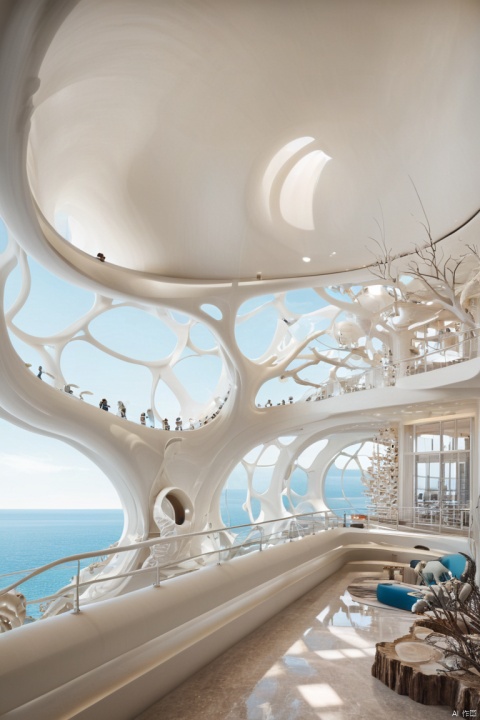 shell shaped, Science fiction architecture complex, Made from shell, Overlooking, sea, (masterpiece, best quality, perfect composition, very aesthetic, absurdres, ultra-detailed, intricate details, Professional, official art, Representative work:1.3), Nature's home_indoor, Dream Homes