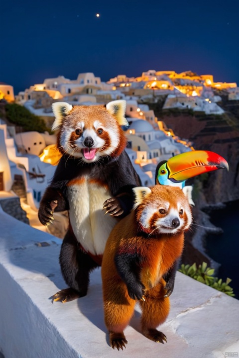 a red panda and a toucan are best friends taking a stroll through santorini during the blue hour, (best quality, masterpiece, Representative work, official art, Professional, Ultra intricate detailed, 8k:1.3)