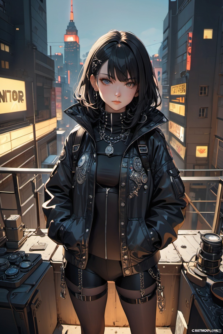 Overlooking,Punk girl standing on the city rooftop,Full body portrait,Celluloid style,Flat coating,HD,CG Art,comics,8K,Looking at the camera,high quality,illustration,Depth of Field,CG Art,Movie Lighting,8K,Ultra Detailed,complex,OC Renderer,cinematic perspective, (masterpiece, best quality, perfect composition, very aesthetic, absurdres, ultra-detailed, intricate details, Professional, official art, Representative work:1.3)