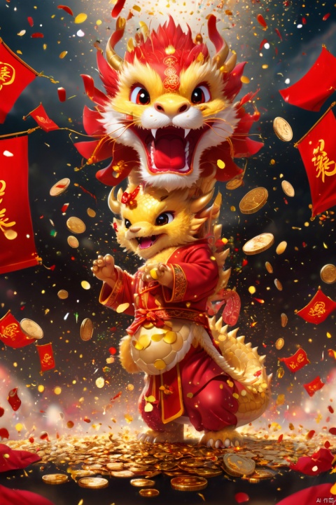 Chinese New Year, oriental dragon, cute dragon cub, big furry head, red clothes, Gold coin rain, Many gold coins burst out, Red and gold confetti flying in the sky, firecrackers, strong festive atmosphere, panoramic view, Ultra high saturation, (best quality, masterpiece, Representative work, official art, Professional, 8k)