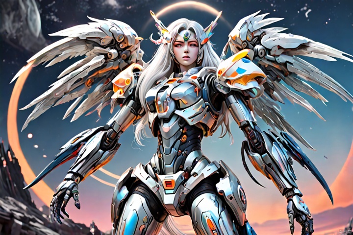 a girl body painted on Moon Base, mecha girl, (silver long hair), mechanical wings, full-body pose, panoramic, Ultra high saturation, bright and vivid colors, intricate, (best quality, masterpiece, Representative work, official art, Professional, 8k)