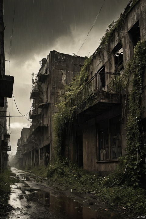 Heavy rain, The City of Doom,abandoned,dystopia,Futurism,Dark atmosphere,Overgrown vegetation,deserted street,Crumbling building,black wall,broken windows,There are pieces everywhere,create desolation, chaotic atmosphere, Steampunk survivor,Gas Mask,Trench coat,Brass decoration,cogs and gears, The sky is dark,heavily clouded,Dazzling lightning,despair,Unforgettable Silence,lost hope,Epidemic of disease.Sepia color palette,Strong contrast,Mood lighting, (masterpiece, best quality, perfect composition, very aesthetic, absurdres, ultra-detailed, intricate details, Professional, official art, Representative work:1.3)
