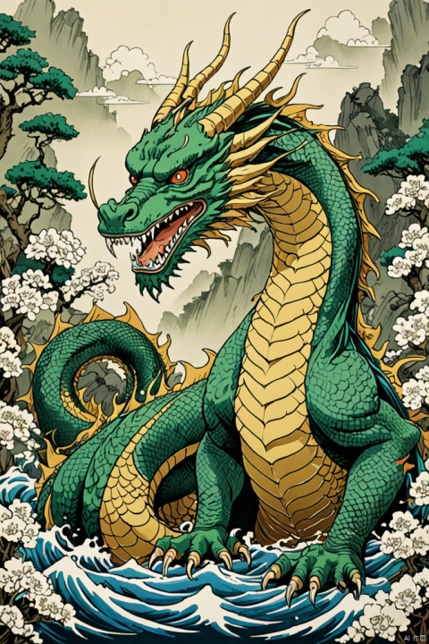 silk screen art, ukiyo-e, sharp oriental dragon, green and gold with a bit of blue, by Kim Hong-do, by katsuhiro otomo, by hergé, (best quality, masterpiece, Representative work, official art, Professional, Ultra intricate detailed, 8k:1.3)
