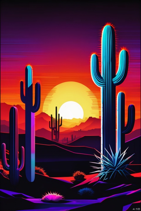 desert canyon,cactus, sun,Vectorization,Synthwave,Purple Blue Red Orange,Bright neon colors on dark background, enhance, intricate, (best quality, masterpiece, Representative work, official art, Professional, unity 8k wallpaper:1.3)