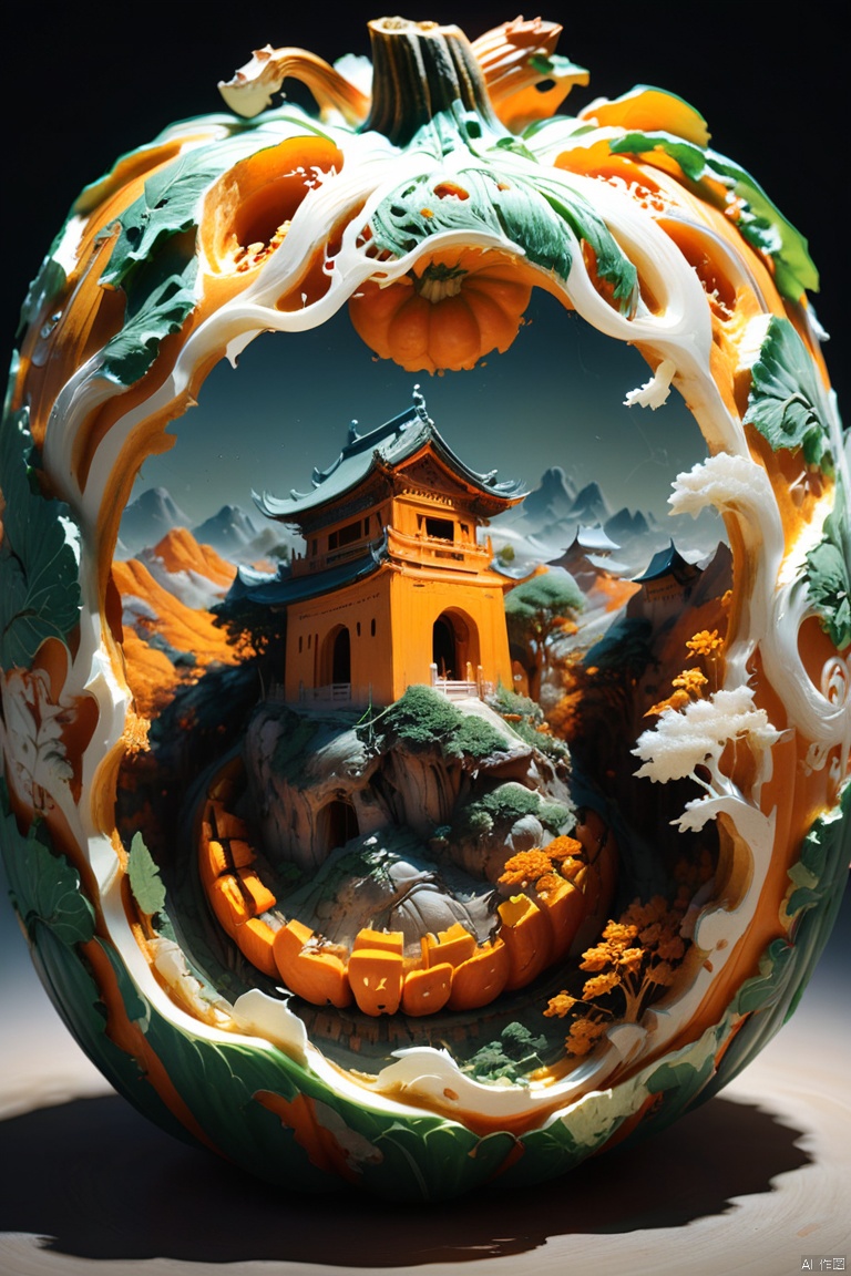 double exposure, Pumpkin Carving by zhang daqian, hyperdetailed, natural lighting, magnificent, stunning, octane render, (best quality, masterpiece, Representative work, official art, Professional, 8k:1.3)