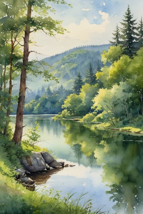 serene watercolor landscape, rolling green hills, tranquil lake reflecting the sky, lush forest in the distance, sunlight filtering through the trees, soft brushstrokes, vibrant colors, atmospheric haze, detailed foliage, picturesque scenery, beautiful natural environment, (masterpiece, best quality, perfect composition, very aesthetic, absurdres, ultra-detailed, intricate details, Professional, official art, Representative work:1.3)