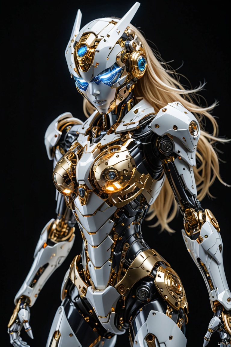 Pure black background, white and gold transparent girl mecha standing on the ground, fighting stance, Exquisite white transparent glass mechanical armor, Metal mechanical mask, Precision luminous electronic eye, The internal structure is complex and precise, Exquisite and complex golden mecha texture, gold mechanical wire. (Ray tracing, Well-designed, high detail, ultra high definition), (best quality, masterpiece, Representative work, official art, Professional, Ultra intricate detailed, 8k:1.3)