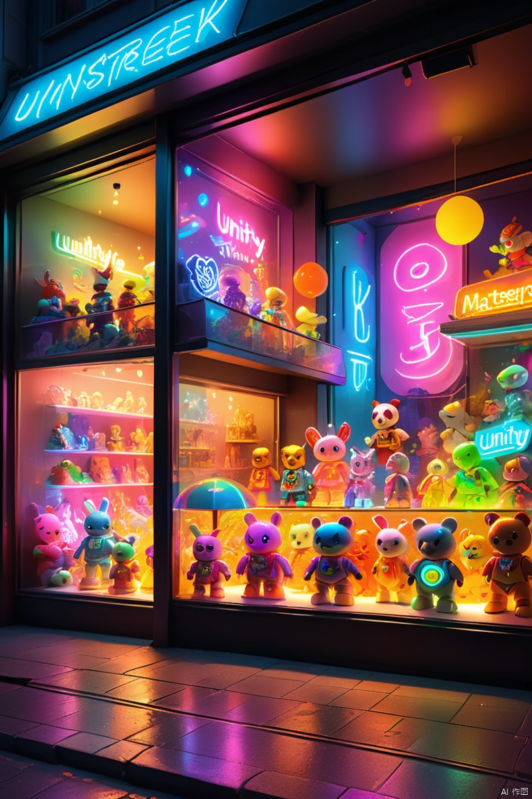 ultra detailed toy, Toy Store Window Display, colorful luminescence, bright neon colors, (best quality, masterpiece, Representative work, official art, Professional, unity 8k wallpaper:1.3)