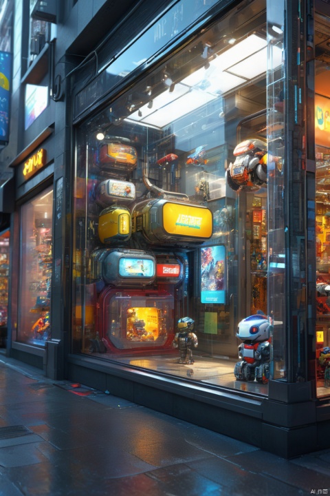 looking from the outside,Look down the street,through glass,hyper detailed, Dynamic, display toys, toy store window design, cyberpunk design, science fiction style,mechanical components,(Future toy store),(toy poster attached to glass),beautiful design,Nice decoration,(display toys), octane render, enhance, intricate, HDR, UHD, (best quality, masterpiece, Representative work, official art, Professional, 8k wallpaper:1.3)