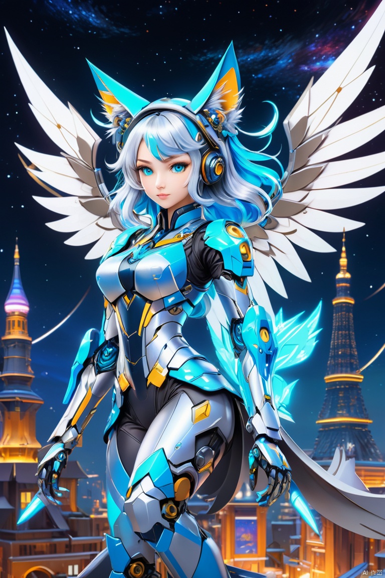 starry sky, by van gogh, mecha girl, silver long hair, full-body pose, mechanical wings, cat_ears, dynamic angle, Chaos in its most beautiful form, mandala, (panoramic, Ultra high saturation, bright and vivid colors), (best quality, masterpiece, Representative work, official art, Professional, 8k)