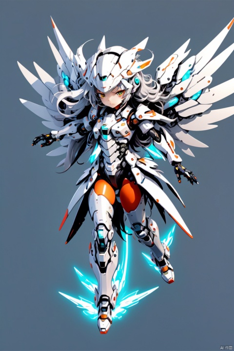 tshirt design, T-shirt design of a anime mecha girl, (silver long hair), full-body pose, mechanical wings, dynamic angle, (best quality, masterpiece, Representative work, official art, Professional, 8k:1.3)