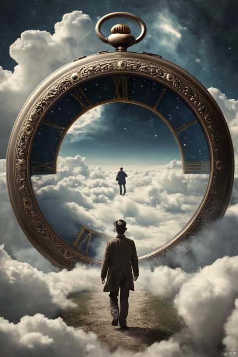 Surreal. Cosmic.A pocketwatch is a portal to another world. A man walks through the portal, into the pocketwatch. The pocketwatch is engulfed in cloud.Atmospheric, rustic, moody, (masterpiece, best quality, perfect composition, very aesthetic, absurdres, ultra-detailed, intricate details, Professional, official art, Representative work:1.3)