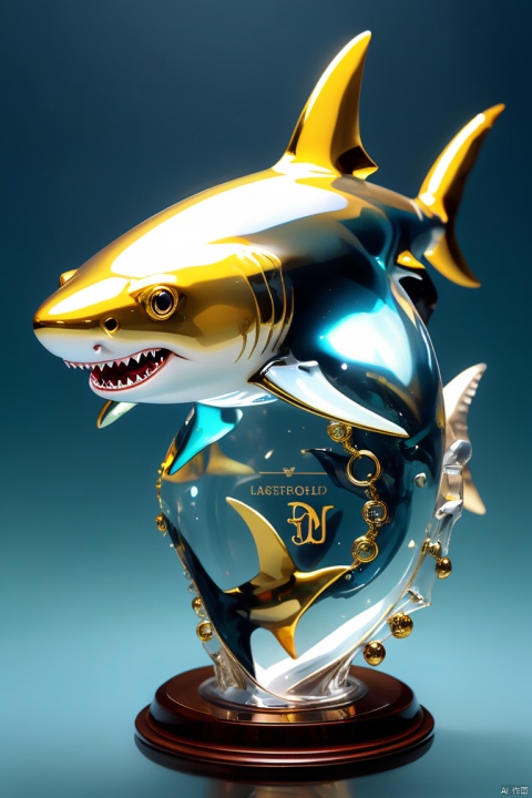 Transparent glass shark doll, gold monogram, Crazy details, intricate details, Ray Tracing, (best quality, masterpiece, Representative work, official art, Professional, 8k:1.3)